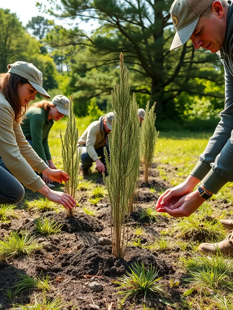 A photograph depicting volunteers participating in a habitat restoration project, planting native trees and shrubs in a deforested area, emphasizing the organization's commitment to environmental conservation.