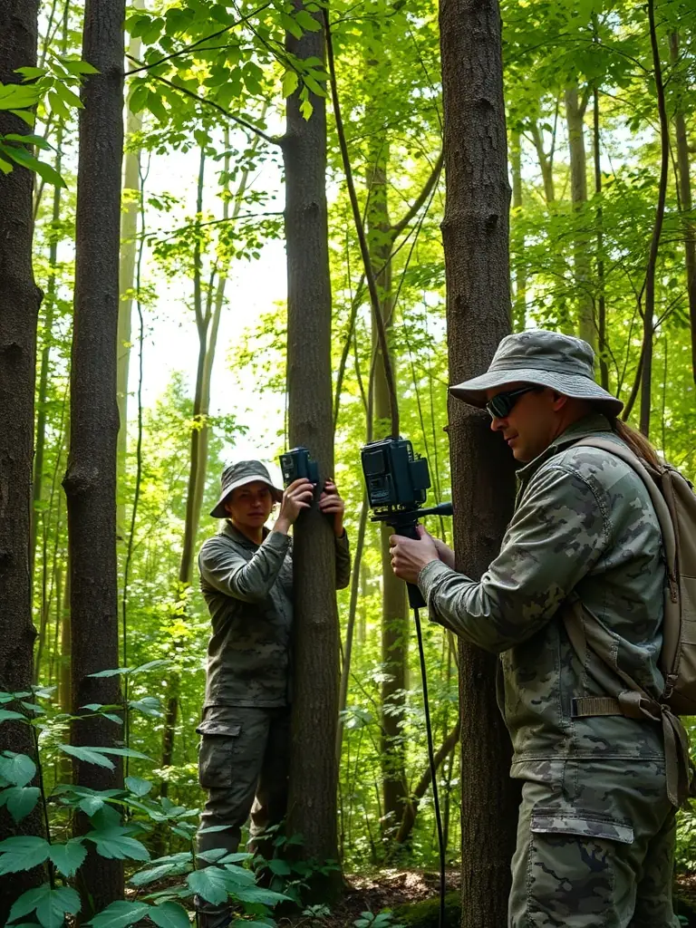 A photograph of a wildlife monitoring team using camera traps to track animal populations in the Domaine du Cluzeau, highlighting the organization's efforts in wildlife stewardship.