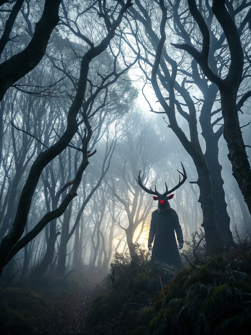 A majestic stag standing alert in a dense forest, sunlight filtering through the trees, illustrating wildlife stewardship.