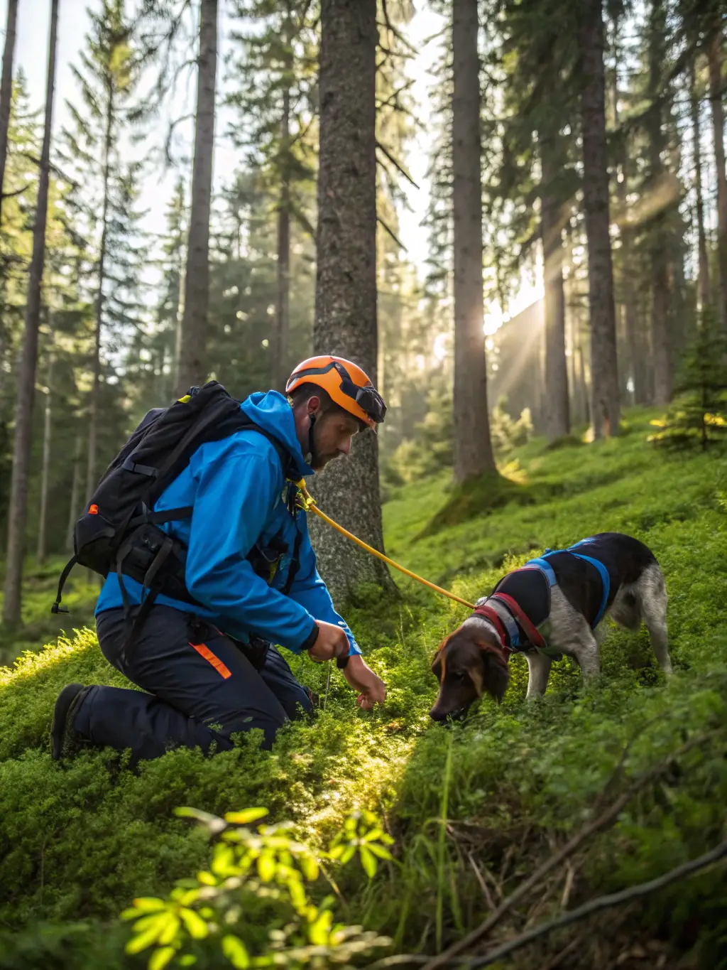 A ranger patrolling a forest with a trained dog, showcasing anti-poaching efforts.