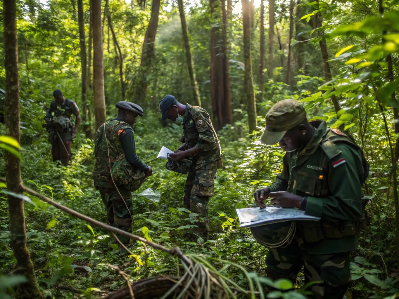 A vigilant anti-poaching patrol team in action, equipped with the necessary tools and technology to protect wildlife from illegal hunting activities and ensure the safety of the ecosystem.
