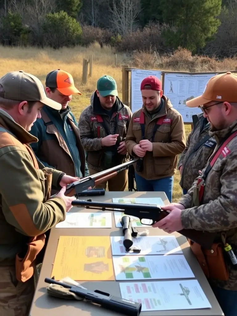 A photograph showcasing a group of hunters attending a workshop on ethical hunting practices, demonstrating the organization's dedication to promoting responsible and sustainable hunting.