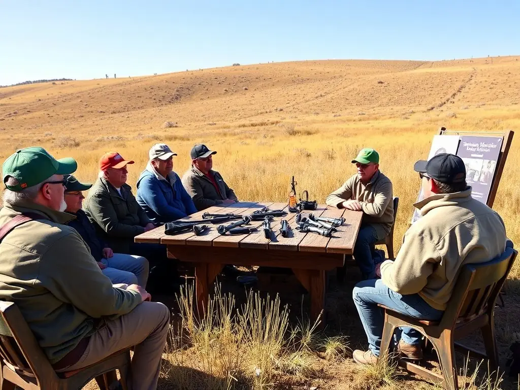 A group of community members participating in an educational workshop on ethical hunting practices and wildlife conservation. The image should convey a sense of community engagement and learning.