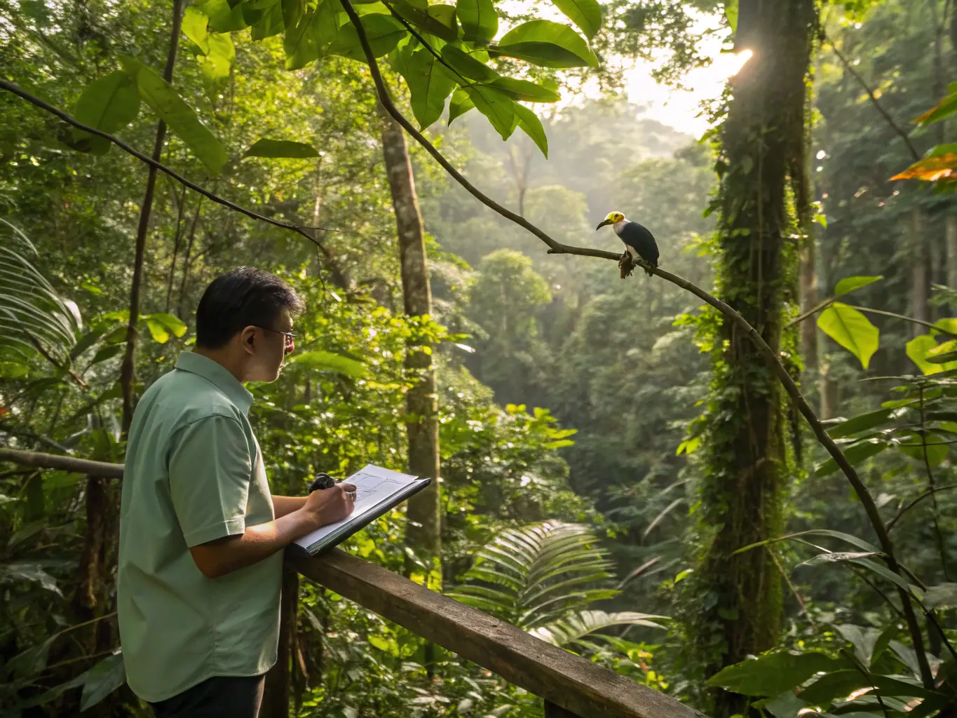 A wildlife biologist conducting a species survey in the Domaine du Cluzeau, using binoculars and recording data. The image should highlight the scientific approach to wildlife management.