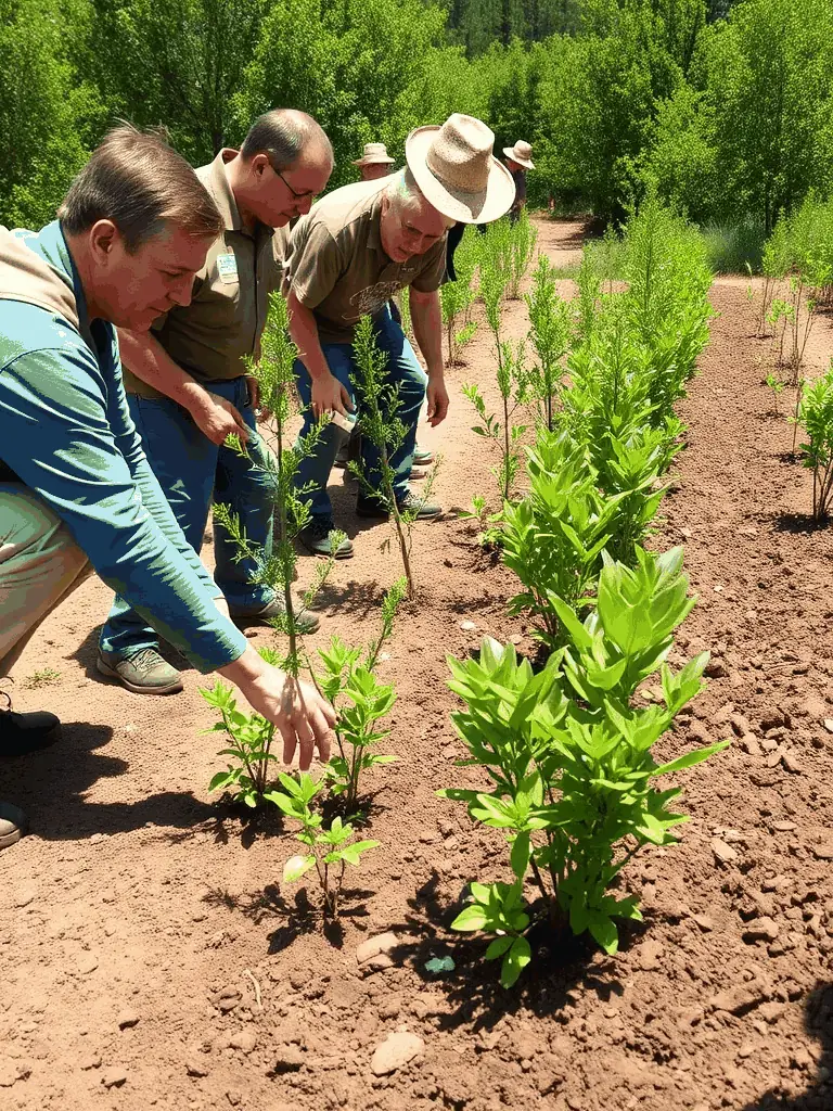 A group of volunteers planting trees in a deforested area, symbolizing community engagement.