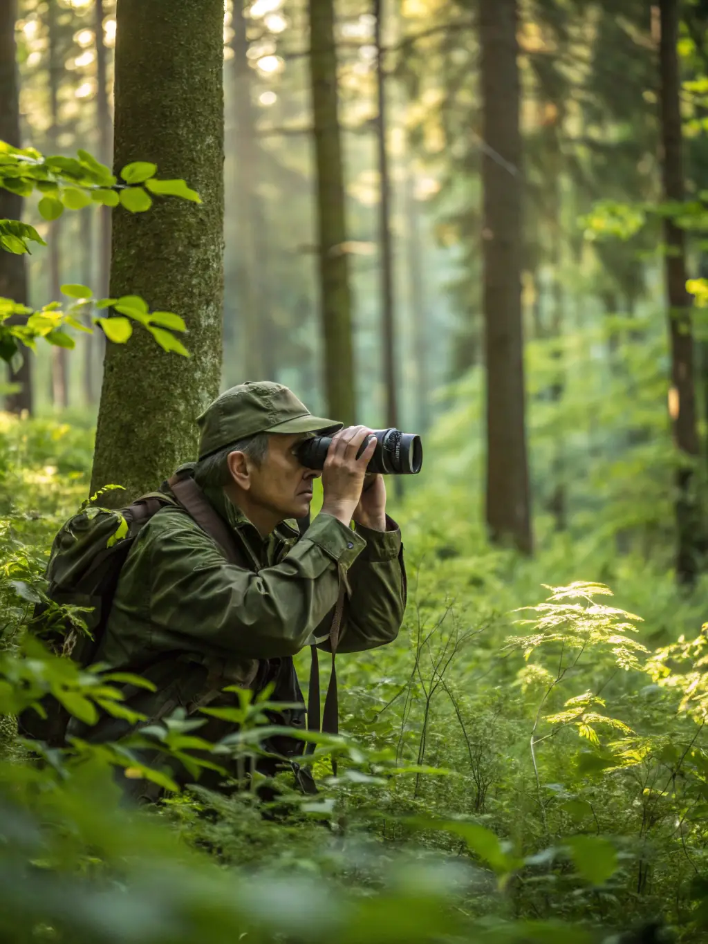 A hunter carefully observing wildlife through binoculars, emphasizing ethical hunting practices.