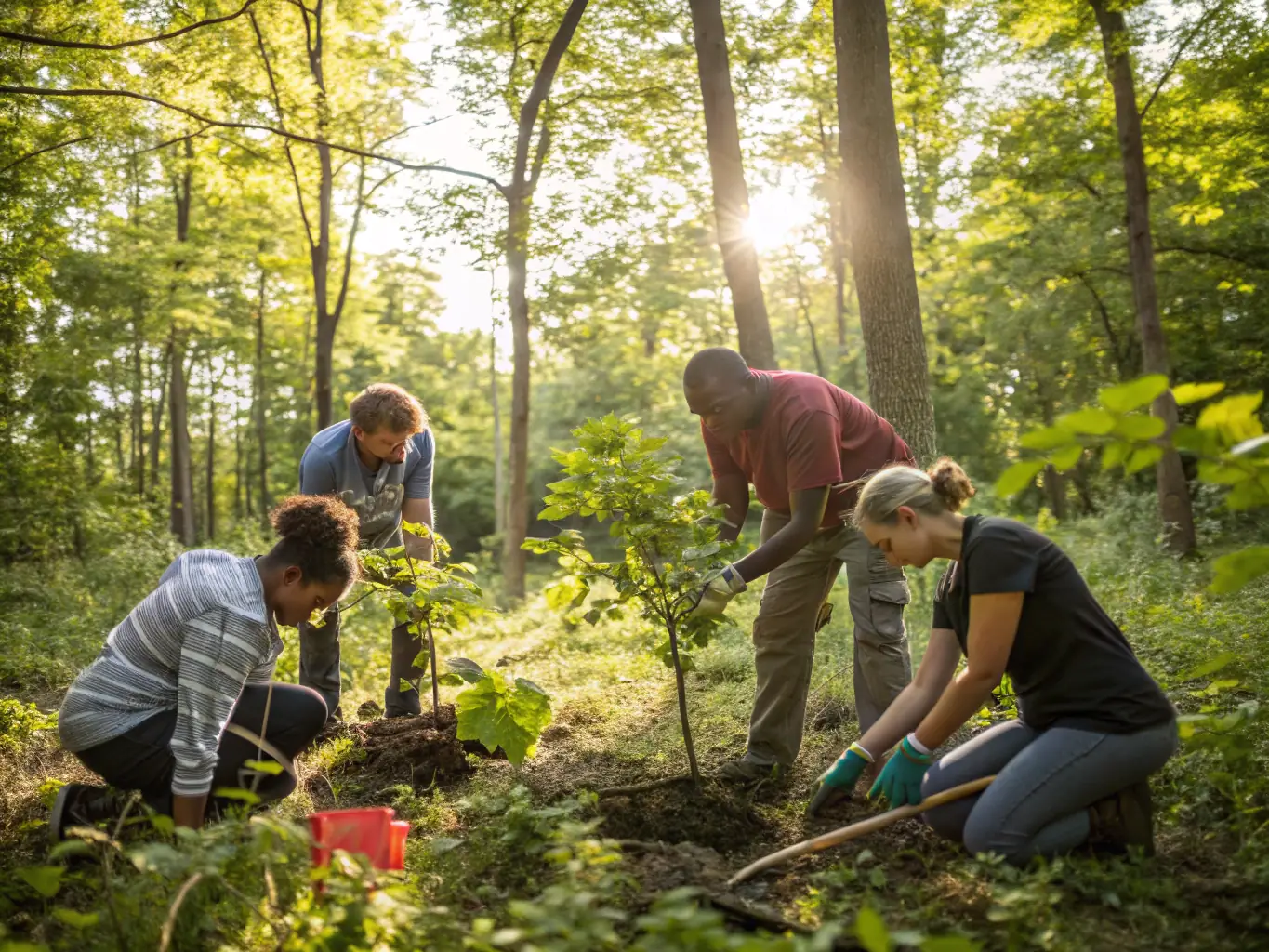 A group of hunters participating in a habitat restoration project, planting trees and clearing brush in a forest setting. The image should convey a sense of teamwork and environmental stewardship.