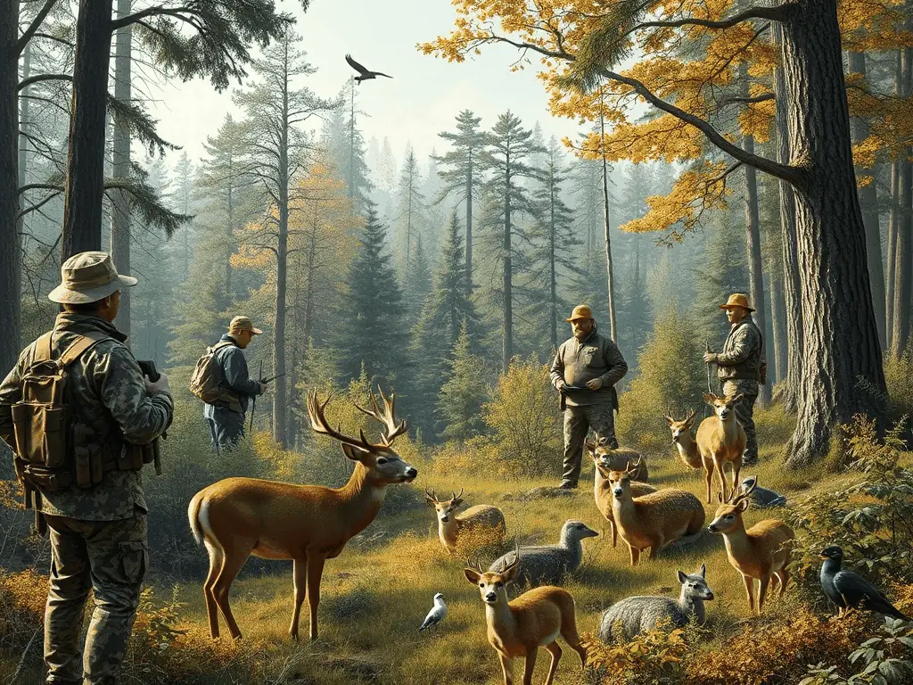 A serene landscape featuring a carefully managed hunting area with diverse wildlife, showcasing the organization's commitment to habitat conservation and responsible hunting practices.
